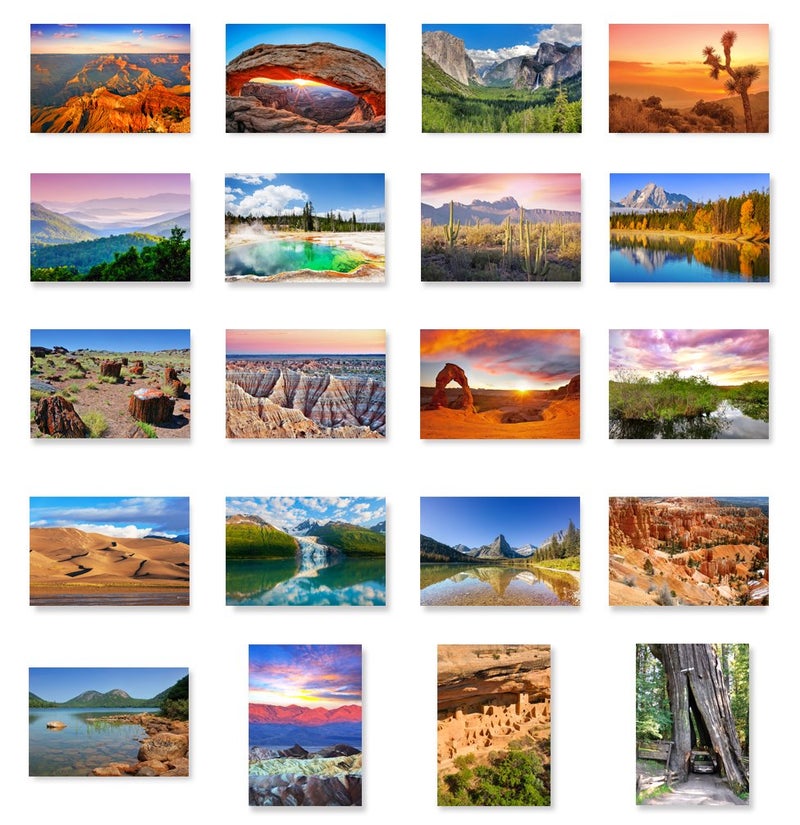 Postcard Fair US NATIONAL PARKS postcard set of 20. Post card variety pack depicting American national parks postcards. Made in USA. - Image 1